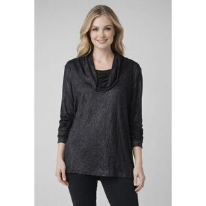 Cupio Black Metallic Shimmer Cowl Neck Size XL Long Sleeve Stretch Blouse NWT